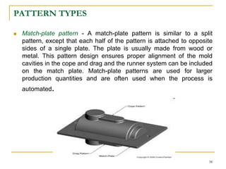 PATTERN TYPES
 Match-plate pattern - A match-plate pattern is similar to a split
pattern, except that each half of the pattern is attached to opposite
sides of a single plate. The plate is usually made from wood or
metal. This pattern design ensures proper alignment of the mold
cavities in the cope and drag and the runner system can be included
on the match plate. Match-plate patterns are used for larger
production quantities and are often used when the process is
automated.
38
 