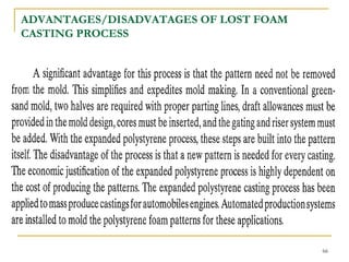 ADVANTAGES/DISADVATAGES OF LOST FOAM
CASTING PROCESS
66
 