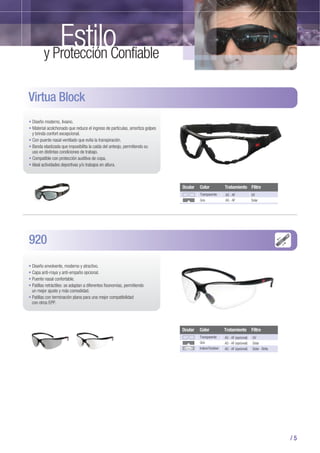 / 5
920
Diseño envolvente, moderno y atractivo.
Capa anti-rraya y anti-empaño opcional.
Puente nasal confortable.
Patillas retráctiles: se adaptan a diferentes fisonomías, permitiendo
un mejor ajuste y más comodidad.
Patillas con terminación plana para una mejor compatibilidad
con otros EPP.
AS - AF (opcional)
AS - AF (opcional)
AS - AF (opcional)
UV
Solar
Solar - Brillo
Transparente
Gris
Indoor/Outdoor
Ocular Color Tratamiento Filtro
Virtua Block
Diseño moderno, liviano.
Material acolchonado que reduce el ingreso de partículas, amortiza golpes
y brinda confort excepcional.
Con puente nasal ventilado que evita la transpiración.
Banda elastizada que imposibilita la caída del anteojo, permitiendo su
uso en distintas condiciones de trabajo.
Compatible con protección auditiva de copa.
Ideal actividades deportivas y/o trabajos en altura.
AS - AF
AS - AF
UV
Solar
Transparente
Gris
Ocular Color Tratamiento Filtro
Estiloy Protección Confiable
 