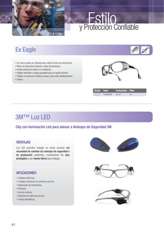 6 /
Ex Eagle
3M™ Luz LED
Su marco puede ser utilizado para colocar lentes de prescripción.
Marco de grilamida resistente a altas temperaturas.
Amplia protección lateral con ventilación.
Patillas retráctiles y ángulo ajustable para un ajuste perfecto.
Patillas con extremos rotativos suaves, para evitar deslizamientos.
Liviano.
AS - AF UVTransparente
Ocular Color Tratamiento Filtro
Clip con iluminación Led para adosar a Anteojos de Seguridad 3M
VENTAJAS
Los LED permiten trabajar en zonas oscuras, sin
necesidad de cambiar los anteojos de seguridad o
de graduación existentes, manteniendo los ojos
protegidos y las manos libres para trabajar.
APLICACIONES
Trabajos eléctricos.
Trabajos mecánicos en entornos oscuros.
Reparación de automóviles.
Plomería.
Lectura noctura.
Deportes en entornos oscuros.
Tareas domésticas.
Estiloy Protección Confiable
 