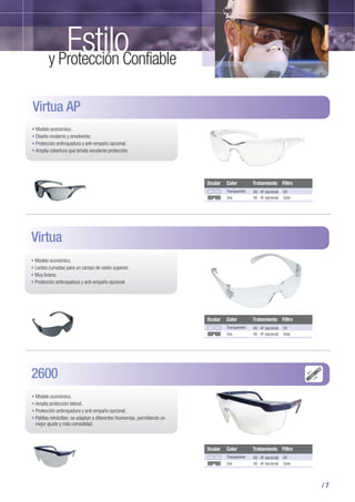 / 7
Virtua
Modelo económico.
Lentes curvadas para un campo de visión superior.
Muy liviano.
Protección antirrayadura y anti-empaño opcional.
2600
Modelo económico.
Amplia protección lateral.
Protección antirrayadura y anti-empaño opcional.
Patillas retráctiles: se adaptan a diferentes fisonomías, permitiendo un
mejor ajuste y más comodidad.
Virtua AP
Modelo económico.
Diseño moderno y envolvente.
Protección antirrayadura y anti-empaño opcional.
Amplia cobertura que brinda excelente protección.
AS - AF (opcional)
AS - AF (opcional)
UV
Solar
Transparente
Gris
Ocular Color Tratamiento Filtro
AS - AF (opcional)
AS - AF (opcional)
UV
Solar
Transparente
Gris
Ocular Color Tratamiento Filtro
AS - AF (opcional)
AS - AF (opcional)
UV
Solar
Transparente
Gris
Ocular Color Tratamiento Filtro
Estiloy Protección Confiable
 
