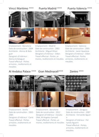 Al Andalus Palace **** Zentro ****Gran Medinaceli****
Vincci Maritimo **** Puerta Valencia ****Puerta Madrid ****
Emplacement : Barcelone
Date de construction : 2004
Architecte : Alonso & Bala-
guer
Designers d’intérieur :
Alonso & Balaguer
Travail effectué : Portes
armoires , revêtements et
meubles
Emplacement : Madrid
Date de construction : 2002
Architecte : Miguel Oliver
Designers d’intérieur : Silken
Travail effectué : Portes ,ar-
moires, revêtements et meubles
Emplacement : Valencia
Date de construction : 2005
Architecte : Javier Apaolaza
Designers d’intérieur : Silken
Travail effectué : Portes
armoires, revêtements et
meubles
Emplacement : Sevilla
Date de construction : 2002-
2005
Designers d’intérieur : Carré
Travail effectué : Portes
armoires ,revêtements et
meubles
Emplacement : Barcelone
Date de construction : 2012
Designers d’intérieur : Estudio
ONA, M Angeles Camoell
Travail effectué : Portes ,ar-
moires, revêtements et meubles
Emplacement : Zaragoza
Date de construction : 2007
Architecte : Fernando Aguer-
ri
Designers d’intérieur : Fer-
nando Aguerri
Travail effectué : Portes,
armoires, revêtements et
meubles
 