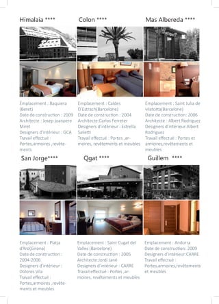 San Jorge**** Qgat **** Guillem ****
Emplacement : Baquiera
(Beret)
Date de construction : 2009
Architecte : Josep joanpere
Miret
Designers d’intérieur : GCA
Travail effectué :
Portes,armoires ,revête-
ments
Emplacement : Caldes
D’Estrach(Barcelone)
Date de construction : 2004
Architecte:Carlos Ferreter
Designers d’intérieur : Estrella
Salietti
Travail effectué : Portes ,ar-
moires, revêtements et meubles
Emplacement : Saint Julia de
vilatorta(Barcelone)
Date de construction: 2006
Architecte : Albert Rodriguez
Designers d’intérieur:Albert
Rodriguez
Travail effectué : Portes et
armoires,revêtements et
meubles
Himalaia **** Colon **** Mas Albereda ****
Emplacement : Platja
d’Aro(Girona)
Date de construction :
2004-2006
Designers d’intérieur :
Dolores Vila
Travail effectué :
Portes,armoires ,revête-
ments et meubles
Emplacement : Saint Cugat del
Valles (Barcelone)
Date de construction : 2005
Architecte:Jordi Jané
Designers d’intérieur : CARRE
Travail effectué : Portes ,ar-
moires, revêtements et meubles
Emplacement : Andorra
Date de construction: 2009
Designers d’intérieur:CARRE
Travail effectué :
Portes,armoires,revêtements
et meubles
 