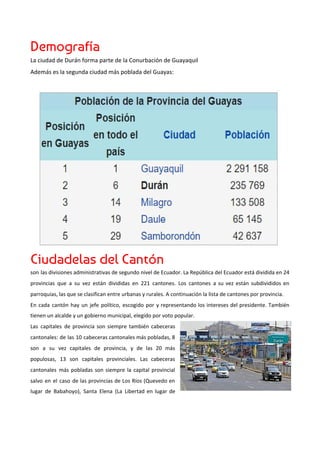 Demografía 
La ciudad de Durán forma parte de la Conurbación de Guayaquil
Además es la segunda ciudad más poblada del Guayas:
Ciudadelas del Cantón  
son las divisiones administrativas de segundo nivel de Ecuador. La República del Ecuador está dividida en 24
provincias que a su vez están divididas en 221 cantones. Los cantones a su vez están subdivididos en
parroquias, las que se clasifican entre urbanas y rurales. A continuación la lista de cantones por provincia.
En cada cantón hay un jefe político, escogido por y representando los intereses del presidente. También
tienen un alcalde y un gobierno municipal, elegido por voto popular.
Las capitales de provincia son siempre también cabeceras
cantonales: de las 10 cabeceras cantonales más pobladas, 8
son a su vez capitales de provincia, y de las 20 más
populosas, 13 son capitales provinciales. Las cabeceras
cantonales más pobladas son siempre la capital provincial
salvo en el caso de las provincias de Los Ríos (Quevedo en
lugar de Babahoyo), Santa Elena (La Libertad en lugar de
 