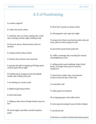 MAZKIRIM/GIZBORIM RELEASE 2013-2014
5
A-Z of Fundraising
N: New Year’s party, no-sleep-a-thon
O: old magazine sale, open mic night
P: progressive dinner, pool party, pizza sale, pet
show, photo contest, popcorn sale
Q: quiz bowl, quote book, quilt sale
R: raffles, rummage sale, recycling for money
(fundingfactory.com)
S: selling pretty much anything, Super Bowl
Party, scavenger hunt, sports contests,
sleepovers
T: talent show, ticket sales, tournament,
treasure hunt, tie-dye t-shirt sale
U: used items sale
V: video game tournament
W: wrapping paper sale, walk-a-thon
X: extra special outing for your brother Alephs
Y: yearbook sale
Z: Zionism or another Judaism themed program
A: auction, apparel
B: bake sale, bowl-a-thon
C: calendar sale, car wash, catalog sale, candy
sale, canning, comedy night, clothing swap
D: desserts, dance, Dutch auction, dine-to-
donates
E: eating contest, eBay auction
F: fashion show, flower sale, food sale
G: garage sale, gift-wrapping, grab bags, game
contest, game Show night
H: holiday party, hangout event, Hanukkah
candle sale, holiday Card sale
I: ice skating, ice cream social
J: jellybean guessing contest
K: Kool-Aid stand
L: lollypop sales, loose change bucket, luau, lox
box
M: movie night, marathon, murder mystery
party
 