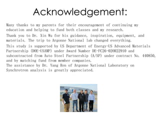Acknowledgement:
Many thanks to my parents for their encouragement of continuing my
education and helping to fund both classes and my research.
Thank you to Dr. Xin Wu for his guidance, inspiration, equipment, and
materials. The trip to Argonne National lab changed everything.
This study is supported by US Department of Energy-US Advanced Materials
Partnership (DOE-USAMP) under Award Number DE-FC26-02OR22910 and
subcontracted from Auto Steel Partnership (A/SP) under contract No. 440850,
and by matching fund from member companies.
The assistance by Dr. Yang Ren of Argonne National Laboratory on
Synchrotron analysis is greatly appreciated.
 