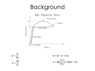 Background
The Tensile Test
𝑺 =
𝑭
𝑨0
𝒆 =
∆𝒍
𝒍0
𝝈 = 𝑺 ∗ 1 + 𝒆
𝜺 = 𝐥𝐧
𝒍
𝒍0
= 𝒍𝒏 1 + 𝒆
 