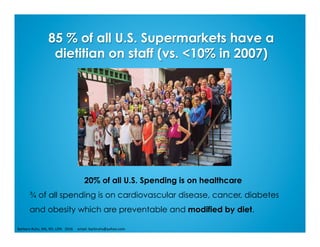 85 % of all U.S. Supermarkets have a
dietitian on staff (vs. <10% in 2007)
20% of all U.S. Spending is on healthcare
¾ of all spending is on cardiovascular disease, cancer, diabetes
and obesity which are preventable and modified by diet.
Barbara	Ruhs,	MS,	RD,	LDN			2016					email:	barbruhs@yahoo.com	
 