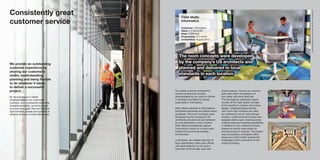 The room concepts were developed
by the company’s US architects and
planned and delivered to local
standards in each location.
Our ability to deliver consistently
across borders was recently
demonstrated by our work on offices
in Stuttgart and Milan for global
organisation, Informatica.
Both offices adhered to Informatica’s
worldwide standards and global brand
guidelines. The room concepts were
developed by the company’s US
architects and planned and delivered
to local standards in each location.
Both offices successfully capture
Informatica’s vision for a more open,
mobile and communal working
environment.
In Stuttgart, we created naturally-lit,
high-specification open-plan offices
with great attention to the colour
schemes of the private, semi and
shared spaces. Colours on columns
and walls match the patterns of
the carpet and other floorings.
The herringbone-patterned carpet
rounds off the high-quality concept
of the architect´s surface-and colour-
design. Integrated glazed boxes
with room-high windows are used
as conference-rooms. See-through
dividers, multifunctional furniture and
pergolas define open meeting-zones,
creative areas and seating-possibilities.
In addition to the conference boxes,
telephone booths were added to
provide privacy if required. The project
was successfully completed within
three and a half months despite the
challenges of the constraints of the
existing building.
Consistently great
customer service
We provide an outstanding
customer experience by
sharing our customer’s
vision; understanding,
planning and being flexible
to do whatever it takes
to deliver a successful
project.
By developing an in-depth
understanding of our customers’
business, and consistently delivering
exceptional quality, we have proven
time and time again that we have the
right mindset, people and systems in
place to achieve a world-class result.
Case study:
Informatica
Customer: Informatica
Value: 3,2 Mio EUR
Area: 4,500 sqm
Programme: 3.5 month
Completion: August 2014
AllphotographyonthispageiscopyrightofFotokunst&DesignBazanella
 