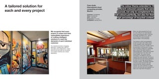 When we were awarded the fit out
of a new office for an international
cloud computing provider in Munich,
the design specified a fun, vibrant
environment to accommodate
approximately 140 employees.
The scheme, which encompassed
private and open-plan office space,
a new reception area, training and
conference rooms and ‘huddle’ rooms,
incorporated a strong use of colour.
This included a range of 31 specialist
paint colours that were based on
natural pigments. These were sourced
and imported from the USA, then
mixed locally. The colour theme
extended to 18 different coloured
carpets that were sourced, not only to
complement the wall colours perfectly,
but also for their high percentage of
recycled content. The design required
numerous joins between the wall
colours and the various coloured
carpets. Our strict attention to detail
came to the fore here and resulted in a
clean and crisp finish throughout.
A tailored solution for
each and every project
We recognise that every
project is unique and have
unparalleled experience
of crafting intelligent
solutions to meet the
demands of each individual
customer.
Our experienced team’s engaging
approach, coupled with a flair for
innovation and collaboration, means
that we will work with you to ensure
your project matches your unique
aspirations.
Case study:
International cloud
computing provider,
Munich
Customer: Confidential
Value: Confidential
Area: 1,520 sqm
Programme: 2 months
Completion: January 2012
The colour theme extended to 18
different coloured carpets that were
sourced, not only to complement the
wall colours perfectly, but also for their
high percentage of recycled content.
 