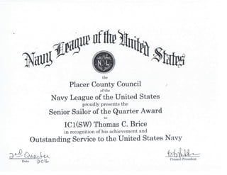 DESRON 15 Senior Sailor of the Quarter Award