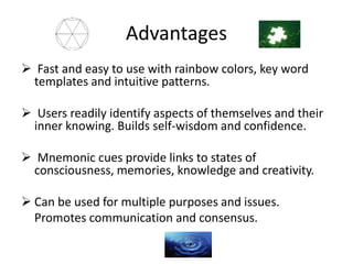 Advantages
 Fast and easy to use with rainbow colors, key word
templates and intuitive patterns.
 Users readily identify aspects of themselves and their
inner knowing. Builds self-wisdom and confidence.
 Mnemonic cues provide links to states of
consciousness, memories, knowledge and creativity.
 Can be used for multiple purposes and issues.
Promotes communication and consensus.
 