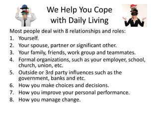We Help You Cope
with Daily Living
Most people deal with 8 relationships and roles:
1. Yourself.
2. Your spouse, partner or significant other.
3. Your family, friends, work group and teammates.
4. Formal organizations, such as your employer, school,
church, union, etc.
5. Outside or 3rd party influences such as the
government, banks and etc.
6. How you make choices and decisions.
7. How you improve your personal performance.
8. How you manage change.
 