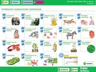Unitatearen azalpenerako baliabideak Nutrizioaren funtzioa Digestio-prozesua animalietan Digestio-aparatu motak Digestio-prozesu motak Arnasketa motak animalietan Substantzien garraioa animalietan Arnasketa-aparatu motak animalietan Iraizpen-aparatu motak Iraizpena animalietan Landareen elikadura Elikagai xurgapena landareetan Elikagai garraioa landareetan Gas trukaketa landareetan Fotosintesia Metabolismoa eta arnasketa zelularra landareetan Iraizpena landareetan Gas trukaketako azalerak Arnasketa animalietan Estekak HASIERA 