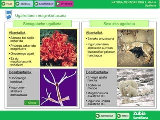 Ugalketaren eraginkortasuna Sexugabeko ugalketa Sexuzko ugalketa Abantailak Banako bat soilik behar du Prozesu azkar eta eraginkorra Ondorengo ugari Ez du mugikortasunik eskatzen Desabantailak Ondorengo berdinak Ingurumen aldaketa arriskutsuak Abantailak Banako aniztasuna Ingurumenaren aldaketen aurrean bizirauteko gaitasun handiagoa Desabantailak Energia gastu handia Zortearen menpe Mugikortasuna eskatzen du Ingurune urtarra eskatzen du Klona 