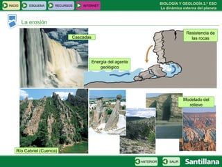 BIOLOGÍA Y GEOLOGÍA 2.º ESO
INICIO      ESQUEMA    RECURSOS   INTERNET
                                                                         La dinámica externa del planeta


         La erosión
                                                                                       Resistencia de
                              Cascadas                                                   las rocas




                                         Energía del agente
                                             geológico




                                                                                      Modelado del
                                                                                        relieve




    Río Cabriel (Cuenca)

                                                              ANTERIOR        SALIR
 