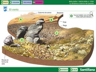 BIOLOGÍA Y GEOLOGÍA 2.º ESO
  INICIO      ESQUEMA       RECURSOS   INTERNET
                                                                            La dinámica externa del planeta


           El viento
                                         Columna de arena   Barjanes
                                                                                 PULSA SOBRE LAS LETRAS
                                                                                    PARA AMPLIAR IMAGEN

                        A                               B
                                                                   Ergs

                                                                   Regs



                                                            C

                        D




Rocas en
forma de
seta


                                                                 ANTERIOR        SALIR
 