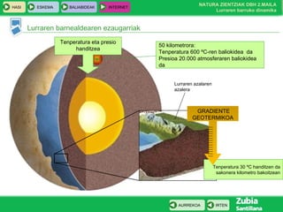 Lurraren barnealdearen ezaugarriak 50 kilometrora: Tenperatura 600 ºC-ren baliokidea  da Presioa 20.000 atmosferaren baliokidea da Tenperatura eta presio handitzea Tenperatura 30 ºC handitzen da sakonera kilometro bakoitzean GRADIENTE GEOTERMIKOA Lurraren azalaren azalera 