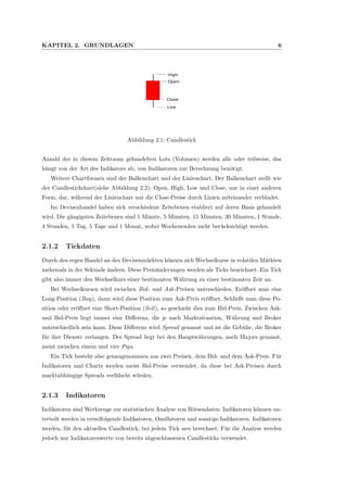 KAPITEL 2. GRUNDLAGEN 6
High
Low
Open
Close
Abbildung 2.1: Candlestick
Anzahl der in diesem Zeitraum gehandelten Lots (Volumen) werden alle oder teilweise, das
h¨angt von der Art des Indikators ab, von Indikatoren zur Berechnung ben¨otigt.
Weitere Chartformen sind der Balkenchart und der Linienchart. Der Balkenchart stellt wie
der Candlestickchart(siehe Abbildung 2.2): Open, High, Low und Close, nur in einer anderen
Form, dar, w¨ahrend der Linienchart nur die Close-Preise durch Linien miteinander verbindet.
Im Devisenhandel haben sich verschiedene Zeitebenen etabliert auf deren Basis gehandelt
wird. Die g¨angigsten Zeitebenen sind 1 Minute, 5 Minuten, 15 Minuten, 30 Minuten, 1 Stunde,
4 Stunden, 1 Tag, 5 Tage und 1 Monat, wobei Wochenenden nicht ber¨ucksichtigt werden.
2.1.2 Tickdaten
Durch den regen Handel an den Devisenm¨arkten k¨onnen sich Wechselkurse in volatilen M¨arkten
mehrmals in der Sekunde ¨andern. Diese Preis¨anderungen werden als Ticks bezeichnet. Ein Tick
gibt also immer den Wechselkurs einer bestimmten W¨ahrung zu einer bestimmten Zeit an.
Bei Wechselkursen wird zwischen Bid- und Ask-Preisen unterschieden. Er¨oﬀnet man eine
Long-Position (Buy), dann wird diese Position zum Ask-Preis er¨oﬀnet. Schließt man diese Po-
sition oder er¨oﬀnet eine Short-Position (Sell), so geschieht dies zum Bid-Preis. Zwischen Ask-
und Bid-Preis liegt immer eine Diﬀerenz, die je nach Marktsituation, W¨ahrung und Broker
unterschiedlich sein kann. Diese Diﬀerenz wird Spread genannt und ist die Geb¨uhr, die Broker
f¨ur ihre Dienste verlangen. Der Spread liegt bei den Hauptw¨ahrungen, auch Majors genannt,
meist zwischen einem und vier Pips.
Ein Tick besteht also genaugenommen aus zwei Preisen, dem Bid- und dem Ask-Preis. F¨ur
Indikatoren und Charts werden meist Bid-Preise verwendet, da diese bei Ask-Preisen durch
marktabh¨angige Spreads verf¨alscht w¨urden.
2.1.3 Indikatoren
Indikatoren sind Werkzeuge zur statistischen Analyse von B¨orsendaten. Indikatoren k¨onnen un-
terteilt werden in trendfolgende Indikatoren, Oszillatoren und sonstige Indikatoren. Indikatoren
werden, f¨ur den aktuellen Candlestick, bei jedem Tick neu berechnet. F¨ur die Analyse werden
jedoch nur Indikatorenwerte von bereits abgeschlossenen Candlesticks verwendet.
 
