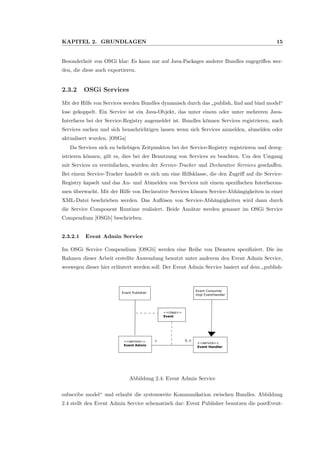KAPITEL 2. GRUNDLAGEN 15
Besonderheit von OSGi klar: Es kann nur auf Java-Packages anderer Bundles zugegriﬀen wer-
den, die diese auch exportieren.
2.3.2 OSGi Services
Mit der Hilfe von Services werden Bundles dynamisch durch das
”
publish, ﬁnd and bind model“
lose gekoppelt. Ein Service ist ein Java-Objekt, das unter einem oder unter mehreren Java-
Interfaces bei der Service-Registry angemeldet ist. Bundles k¨onnen Services registrieren, nach
Services suchen und sich benachrichtigen lassen wenn sich Services anmelden, abmelden oder
aktualisert wurden. [OSGa]
Da Services sich zu beliebigen Zeitpunkten bei der Service-Registry registrieren und dereg-
istrieren k¨onnen, gilt es, dies bei der Benutzung von Services zu beachten. Um den Umgang
mit Services zu vereinfachen, wurden der Service-Tracker und Declarative Services geschaﬀen.
Bei einem Service-Tracker handelt es sich um eine Hilfsklasse, die den Zugriﬀ auf die Service-
Registry kapselt und das An- und Abmelden von Services mit einem speziﬁschen Interfacena-
men ¨uberwacht. Mit der Hilfe von Declarative Services k¨onnen Service-Abh¨angigkeiten in einer
XML-Datei beschrieben werden. Das Auﬂ¨osen von Service-Abh¨angigkeiten wird dann durch
die Service Component Runtime realisiert. Beide Ans¨atze werden genauer im OSGi Service
Compendium [OSGb] beschrieben.
2.3.2.1 Event Admin Service
Im OSGi Service Compendium [OSGb] werden eine Reihe von Diensten speziﬁziert. Die im
Rahmen dieser Arbeit erstellte Anwendung benutzt unter anderem den Event Admin Service,
weswegen dieser hier erl¨autert werden soll. Der Event Admin Service basiert auf dem
”
publish-
<<class>>
Event
<<service>>
Event Admin
<<service>>
Event Handler
Event Consumer
impl EventHandler
Event Publisher
1 0..n
Abbildung 2.4: Event Admin Service
subscribe model“ und erlaubt die systemweite Kommunikation zwischen Bundles. Abbildung
2.4 stellt den Event Admin Service schematisch dar: Event Publisher benutzen die postEvent-
 