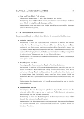 KAPITEL 3. ANFORDERUNGSANALYSE 27
ˆ Stop- und/oder Limit-Preis setzen:
Vorbedingung: Es wurde ein PAMM-Trade ausgew¨ahlt, der oﬀen ist.
Beschreibung: Stop- und Limit-Preis k¨onnen gesetzt werden, wenn sie die auf der Seite 8
in der Tabelle 2.1 aufgef¨uhrten Bedingungen erf¨ullen.
Nachbedingung: Stop- und Limit-Preis werden beim PAMM-Trade und bei allen dazu
geh¨origen Einzeltrades gesetzt.
3.2.1.4 automatische Handelssysteme
Es ergeben sich folgende zu erf¨ullende Muss-Kriterien f¨ur automatische Handelssysteme:
ˆ Indikator erstellen:
Beschreibung: Es muss eine M¨oglichkeit geben, Indikatoren zu erstellen. Der Indikator
verf¨ugt ¨uber eine Beschreibung, einen Namen und hat eine beliebige Anzahl von Eigen-
schaften, die vom Handelsystem gesetzt werden m¨ussen. Diese Eigenschaften k¨onnen vom
Typ: String, Integer, Double und Boolean sein. F¨ur jede Eigenschaft k¨onnen minimale und
maximale Werte festgelegt werden. Außerdem muss der Indikator eine Eingabem¨oglichkeit
f¨ur mindestens ein W¨ahrungspaar und f¨ur eine Zeitebene besitzen.
Nachbedingung: Der Indikator wird zum Programm hinzugef¨ugt und kann von Handelssys-
temen genutzt werden.
ˆ Handelssystem erstellen:
Vorbedingung: Das Handelssystem hat Zugriﬀ auf ben¨otigte Indikatoren.
Beschreibung: Es muss eine M¨oglichkeit geben Handelssysteme, zu erstellen und zum Pro-
gramm hinzuzuf¨ugen. Das Handelssystem verf¨ugt ¨uber eine Beschreibung, einen Namen
und hat eine beliebige Anzahl von Eigenschaften, die vom Benutzer beim Starten geset-
zt werden k¨onnen. Diese Eigenschaften k¨onnen vom Typ: String, Integer, Double und
Boolean sein. F¨ur jede Eigenschaft k¨onnen minimale und maximale Werte festgelegt wer-
den.
Nachbedingung: Das Handelssystem wird zum Programm hinzugef¨ugt und ist vom Be-
nutzer ausw¨ahlbar.
ˆ Handelssystem starten:
Vorbedingung: Die vom Handelssystem geforderten Eigenschaften wurden vom Be-
nutzer mit validen Werten gesetzt und es wurde ein PAMM-Konto, ein oder mehrere
W¨ahrungspaare und eine Zeitebene ausgew¨ahlt.
Beschreibung: Es muss eine M¨oglichkeit geben, ein Handelssysteme zu starten, welches
dann mit dem automatischen Handel beginnt.
Nachbedingung: Das Handelssystem wird vom Programm mit den ausgew¨ahlten Parame-
tern gestartet und erh¨alt, genau wie davon benutzte Indikatoren, Zugriﬀ auf aktuelle und
historische Preisdaten.
 