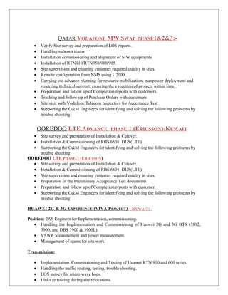 QATAR VODAFONE MW SWAP PHASE1&2&3:-
• Verify Site survey and preparation of LOS reports.
• Handling subcons teams
• Installation commissioning and alignment of MW equipments
• Installation of RTN910/RTN950/980/905.
• Site supervision and ensuring customer required quality in sites.
• Remote configuration from NMS using U2000 .
• Carrying out advance planning for resource mobilization, manpower deployment and
rendering technical support; ensuring the execution of projects within time.
• Preparation and follow up of Completion reports with customers.
• Tracking and follow up of Purchase Orders with customers
• Site visit with Vodafone Telecom Inspectors for Acceptance Test
• Supporting the O&M Engineers for identifying and solving the following problems by
trouble shooting
OOREDOO LTE ADVANCE PHASE 1 (ERICSSON)-KUWAIT
• Site survey and preparation of Installation & Cutover.
• Installation & Commissioning of RBS 6601. DUS(LTE)
• Supporting the O&M Engineers for identifying and solving the following problems by
trouble shooting
OOREDOO LTE PHASE 3 (ERICSSON)
• Site survey and preparation of Installation & Cutover.
• Installation & Commissioning of RBS 6601. DUS(LTE)
• Site supervision and ensuring customer required quality in sites.
• Preparation of the Preliminary Acceptance Test documents.
• Preparation and follow up of Completion reports with customer.
• Supporting the O&M Engineers for identifying and solving the following problems by
trouble shooting
HUAWEI 2G & 3G EXPERIENCE (VIVA PROJECT) - KUWAIT:
Position: BSS Engineer for Implementation, commissioning.
• Handling the Implementation and Commissioning of Huawei 2G and 3G BTS (3812,
3900, and DBS 3900 & 3900L).
• VSWR Measurement and power measurement.
• Management of teams for site work.
Transmission:
• Implementation, Commissioning and Testing of Huawei RTN 900 and 600 series.
• Handling the traffic routing, testing, trouble shooting.
• LOS survey for micro wave hops.
• Links re routing during site relocations.
 