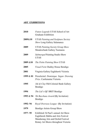 ART EXHIBITIONS
2010 Future Legends UTAS School of Art
Graduate Exhibition
2009&10 UTAS Painting and Sculpture Society
Show Long Gallery Salamanca
2009 UTAS Painting Society Group Show
Meadowbank Gallery Tasmania
2009 Submerged Painting Studio Show
UTAS
2009 &10 The Petite Painting Show UTAS
2005 Visual Forte Dudley House Bendigo
2001 Virginia Gallery Eaglehawk Victoria
1999 & 01 Preselected Dominique Segan Drawing
Prize. Castlemaine Victoria
1995 Ink & Clay Old Colonial Bank Gallery
Bendigo
1994 The Lid’s Off BRIT Bendigo
1993 & 94 Dr Bacchaus Award (By Invitation)
Bendigo
1992- 94 Royal Overseas League (By Invitation)
1979 Bendigo Artists Group Show
1977- 95 Exhibited: St Paul’s annual Art Show
Eaglehawk Dahlia and Arts Festival
Mandurang Arts and Orchid Festival
Rotary Art Shows throughout Victoria
 