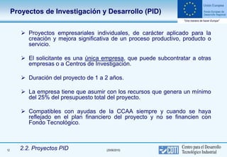 Proyectos de Investigación y Desarrollo (PID)


         Proyectos empresariales individuales, de carácter aplicado para la
          creación y mejora significativa de un proceso productivo, producto o
          servicio.

         El solicitante es una única empresa, que puede subcontratar a otras
          empresas o a Centros de Investigación.

         Duración del proyecto de 1 a 2 años.

         La empresa tiene que asumir con los recursos que genera un mínimo
          del 25% del presupuesto total del proyecto.

         Compatibles con ayudas de la CCAA siempre y cuando se haya
          reflejado en el plan financiero del proyecto y no se financien con
          Fondo Tecnológico.



12     2.2. Proyectos PID              (25/06/2010)
 