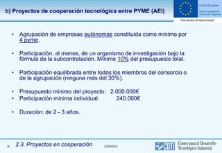 b) Proyectos de cooperación tecnológica entre PYME (AEI)



     • Agrupación de empresas autónomas constituida como mínimo por
       4 pyme.

     • Participación, al menos, de un organismo de investigación bajo la
       fórmula de la subcontratación. Mínimo 10% del presupuesto total.

     • Participación equilibrada entre todos los miembros del consorcio o
       de la agrupación (ninguna más del 30%).

     • Presupuesto mínimo del proyecto: 2.000.000€
     • Participación mínima individual:   240.000€

     • Duración: de 2 - 3 años.




18    2.3. Proyectos en cooperación     (25/06/2010)
 
