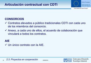 Articulación contractual con CDTI



     CONSORCIOS
      Contratos elevados a público tradicionales CDTI con cada uno
       de los miembros del consorcio.
      Anexo, a cada uno de ellos, el acuerdo de colaboración que
       vinculará a todos los contratos.

     AIE
      Un único contrato con la AIE.




22    2.3. Proyectos en cooperación   (25/06/2010)
 