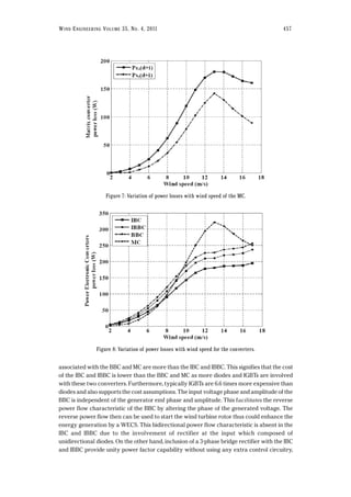 associated with the BBC and MC are more than the IBC and IBBC. This signifies that the cost
of the IBC and IBBC is lower than the BBC and MC as more diodes and IGBTs are involved
with these two converters. Furthermore, typically IGBTs are 6.6 times more expensive than
diodes and also supports the cost assumptions. The input voltage phase and amplitude of the
BBC is independent of the generator emf phase and amplitude. This facilitates the reverse
power flow characteristic of the BBC by altering the phase of the generated voltage. The
reverse power flow then can be used to start the wind turbine rotor thus could enhance the
energy generation by a WECS. This bidirectional power flow characteristic is absent in the
IBC and IBBC due to the involvement of rectifier at the input which composed of
unidirectional diodes. On the other hand, inclusion of a 3-phase bridge rectifier with the IBC
and IBBC provide unity power factor capability without using any extra control circuitry,
WIND ENGINEERING VOLUME 35, NO. 4, 2011 457
Figure 7: Variation of power losses with wind speed of the MC.
Figure 8: Variation of power losses with wind speed for the converters.
 
