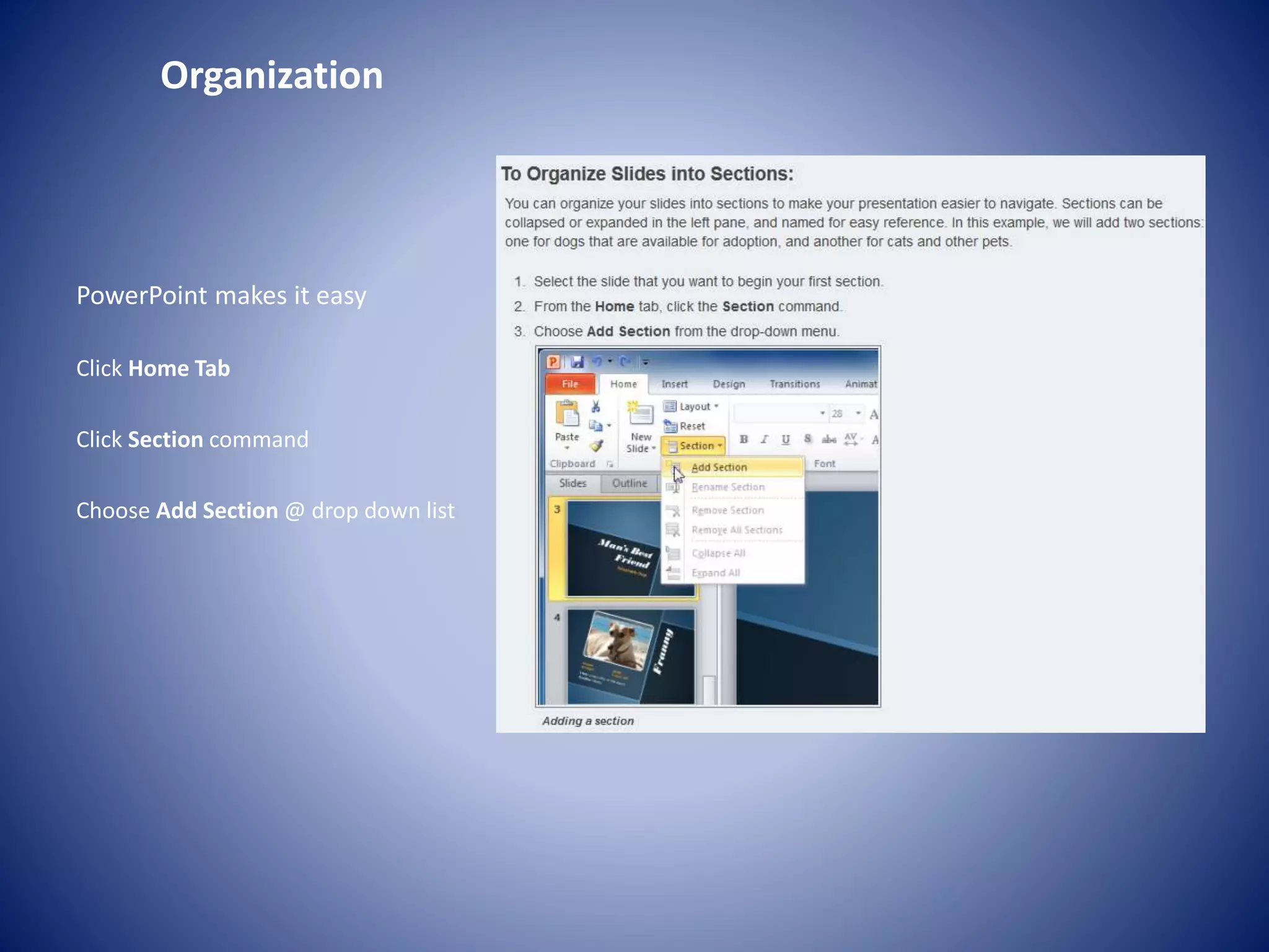 Organization
PowerPoint makes it easy
Click Home Tab
Click Section command
Choose Add Section @ drop down list
 