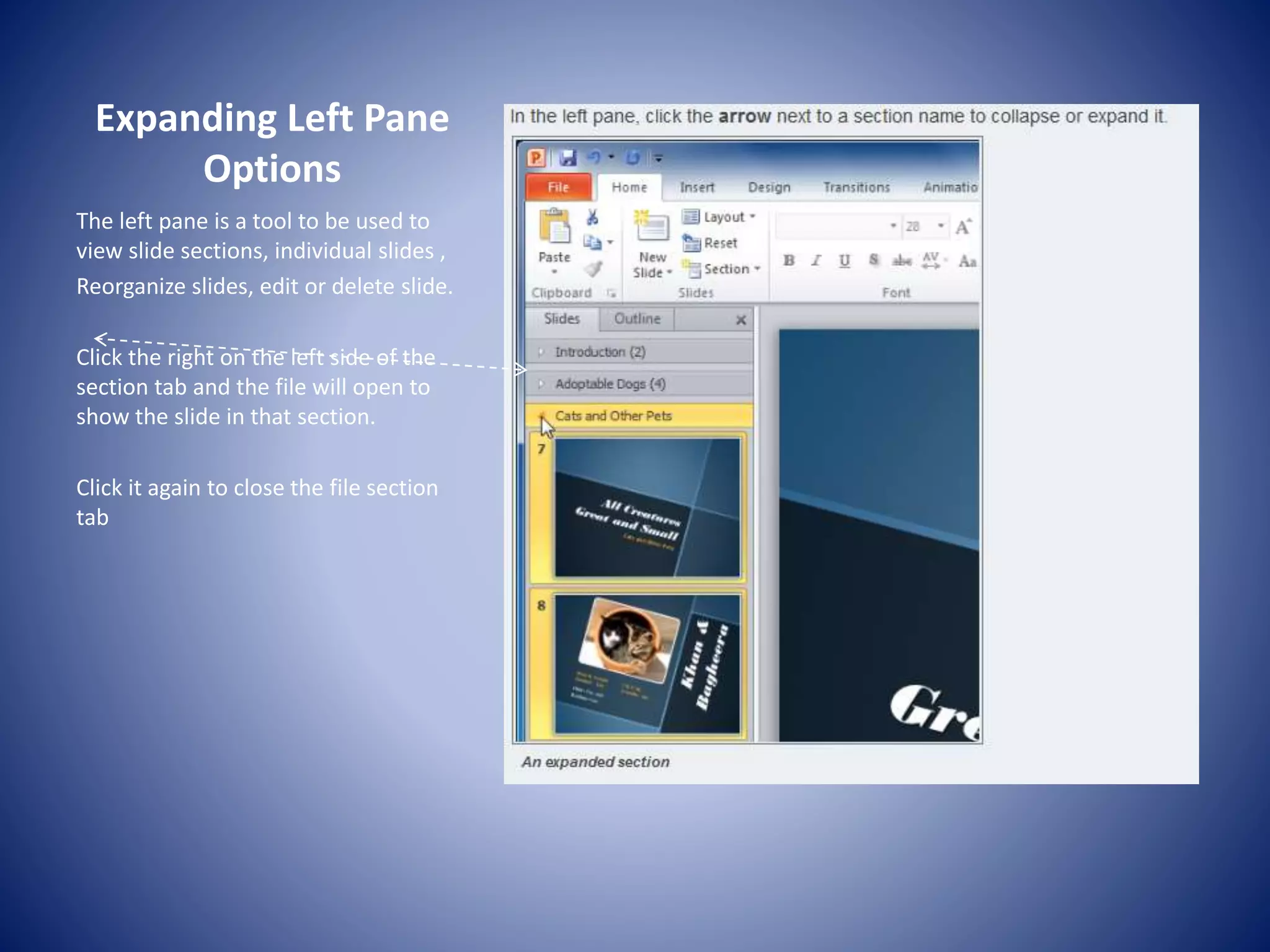 Expanding Left Pane
Options
The left pane is a tool to be used to
view slide sections, individual slides ,
Reorganize slides, edit or delete slide.
Click the right on the left side of the
section tab and the file will open to
show the slide in that section.
Click it again to close the file section
tab
 