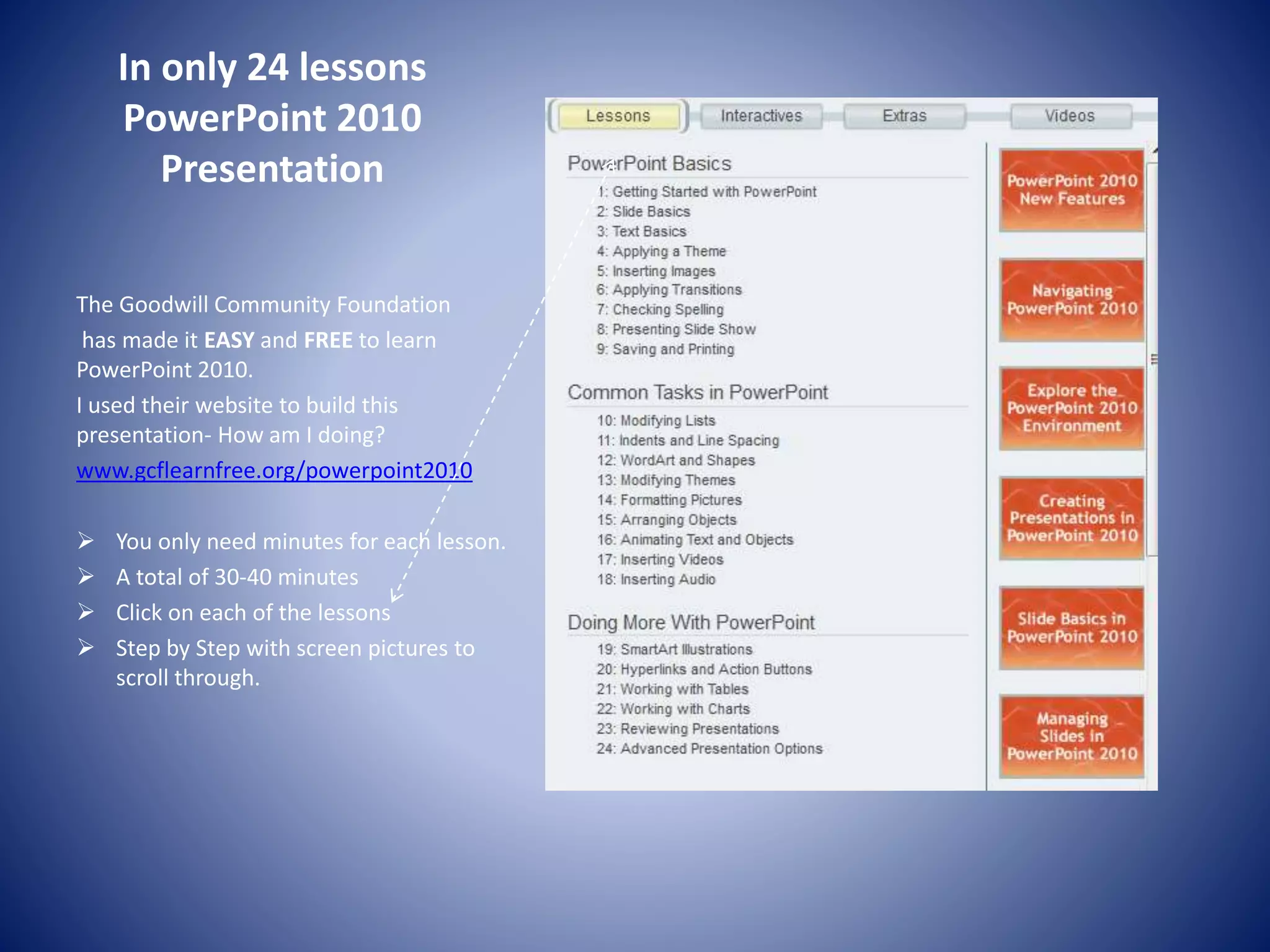 In only 24 lessons
PowerPoint 2010
Presentation
The Goodwill Community Foundation
has made it EASY and FREE to learn
PowerPoint 2010.
I used their website to build this
presentation- How am I doing?
www.gcflearnfree.org/powerpoint2010
 You only need minutes for each lesson.
 A total of 30-40 minutes
 Click on each of the lessons
 Step by Step with screen pictures to
scroll through.
 