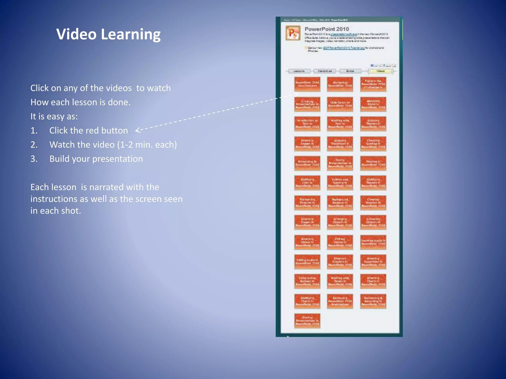 Video Learning
Click on any of the videos to watch
How each lesson is done.
It is easy as:
1. Click the red button
2. Watch the video (1-2 min. each)
3. Build your presentation
Each lesson is narrated with the
instructions as well as the screen seen
in each shot.
 