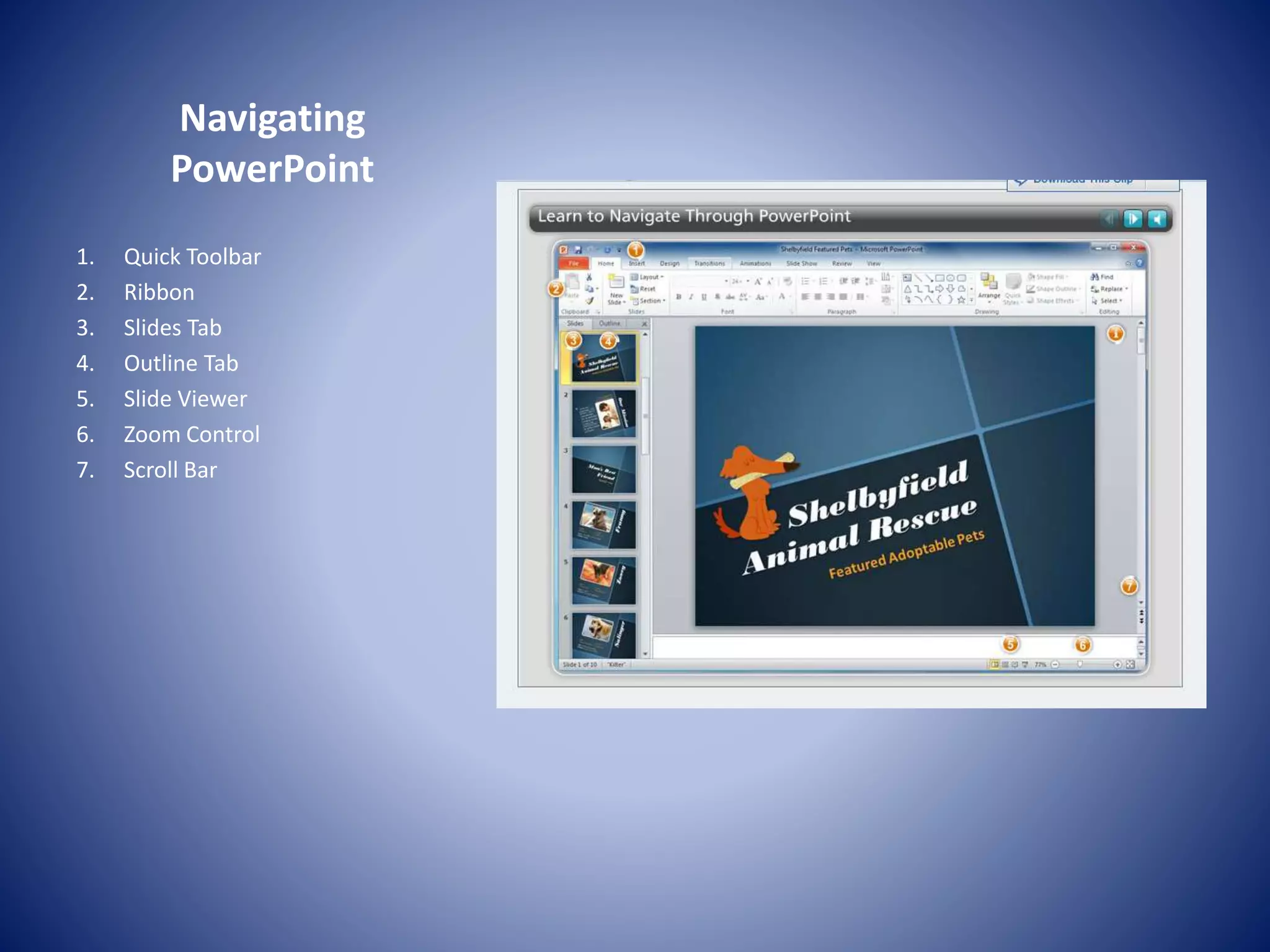 Navigating
PowerPoint
1. Quick Toolbar
2. Ribbon
3. Slides Tab
4. Outline Tab
5. Slide Viewer
6. Zoom Control
7. Scroll Bar
 