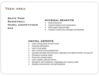 Teen area
Skate Park
Basketball
Mural competitions
bmx
PHYSICAL BENEFITS
 Build endurance
 Improve balance and coordination
 Build upper body strengthbmx
 Improve muscle tone, strength and flexibility
MENTAL ASPECTS
 Learn strong sense of community
 Improves self-esteem
 Learn to set goals
 Gain a sense of accomplishment
 provides example how hard work, dedication and determination can pay off
 Provides a creative outlet
 Grow and cultivate talent
 Learn respect, self and others
 Discipline, self confidence, challenges and creative outlet
 Develop concentration and self-discipline
 