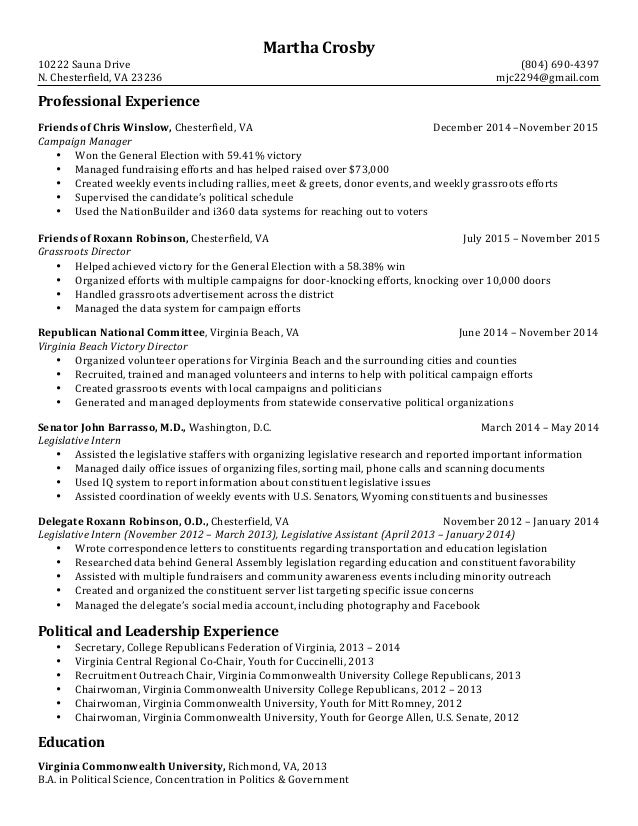 martha crosby resume political campaign resume