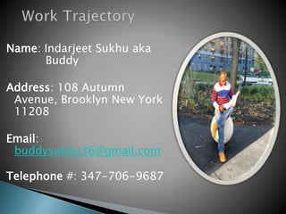 Name: Indarjeet Sukhu aka
Buddy
Address: 108 Autumn
Avenue, Brooklyn New York
11208
Email:
buddysukhu36@gmail.com
Telephone #: 347-706-9687
 