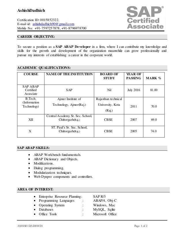 ashish dadhich sap abap fresher resume