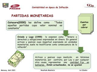PARTIDAS MONETARIAS
Catacora(2000) las define como “Todas
aquellas partidas cuyo valor nominal es
constante”
Oviedo y Lago (1999) lo exponen como “Dinero o
derechos y obligaciones expresadas en dinero. En general
activos y pasivos cuya magnitud expresada en unidades
monetarias, suele no modificarse como consecuencia de la
inflación”.
Activos y pasivos cuya medición en términos
monetarios, por contrato, por Ley o por cualquier
otra causa, representan una cantidad fija en
bolívares. Están actualizadas, no se ajustan
Cuentas
por
cobrar
Contabilidad en época de Inflación
Maracay, Abril 2021 Resultado Monetario La Cátedra
 