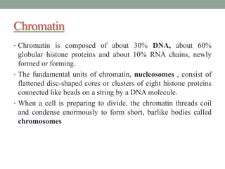 Chromatin
• Chromatin is composed of about 30% DNA, about 60%
globular histone proteins and about 10% RNA chains, newly
formed or forming.
• The fundamental units of chromatin, nucleosomes , consist of
flattened disc-shaped cores or clusters of eight histone proteins
connected like beads on a string by a DNA molecule.
• When a cell is preparing to divide, the chromatin threads coil
and condense enormously to form short, barlike bodies called
chromosomes
 