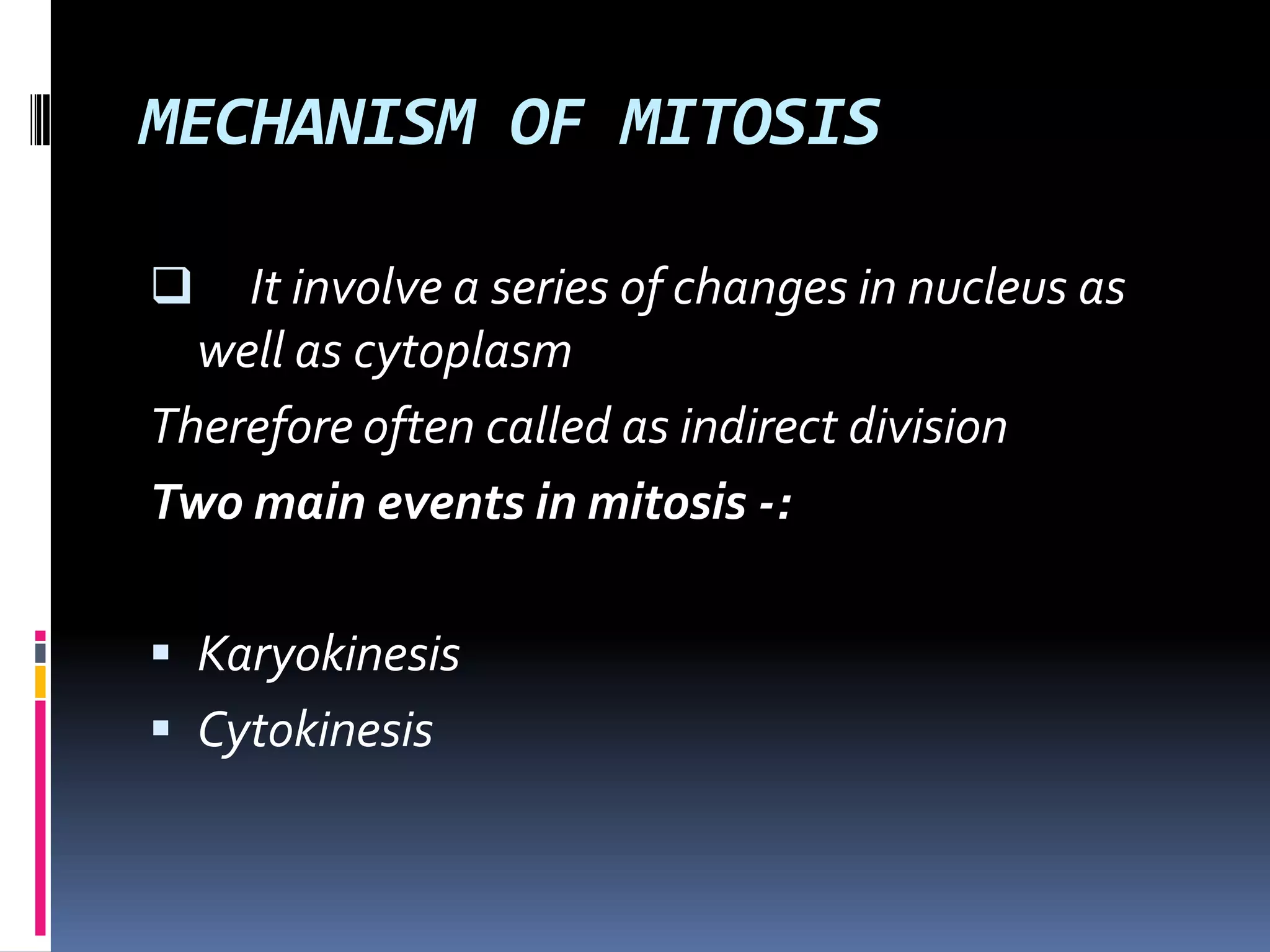 MECHANISM OF MITOSIS
 It involve a series of changes in nucleus as
well as cytoplasm
Therefore often called as indirect division
Two main events in mitosis -:
 Karyokinesis
 Cytokinesis
 