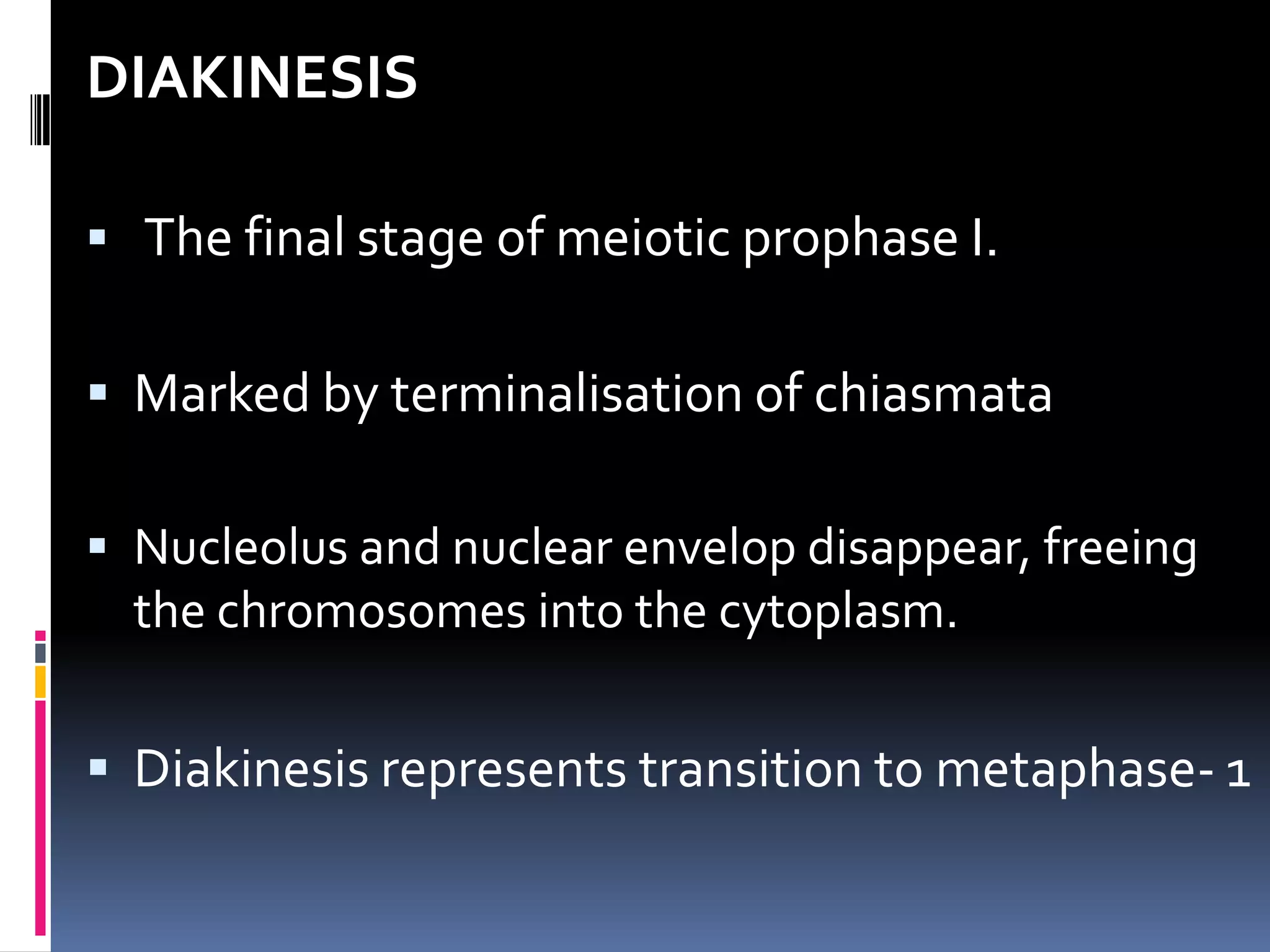 DIAKINESIS
 The final stage of meiotic prophase I.
 Marked by terminalisation of chiasmata
 Nucleolus and nuclear envelop disappear, freeing
the chromosomes into the cytoplasm.
 Diakinesis represents transition to metaphase- 1
 