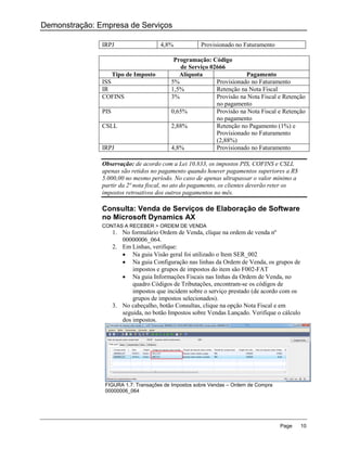 Demonstração: Empresa de Serviços

               IRPJ                    4,8%           Provisionado no Faturamento

                                            Programação: Código
                                              de Serviço 02666
                   Tipo de Imposto            Alíquota                Pagamento
               ISS                         5%              Provisionado no Faturamento
               IR                          1,5%            Retenção na Nota Fiscal
               COFINS                      3%              Provisão na Nota Fiscal e Retenção
                                                           no pagamento
               PIS                         0,65%           Provisão na Nota Fiscal e Retenção
                                                           no pagamento
               CSLL                        2,88%           Retenção no Pagamento (1%) e
                                                           Provisionado no Faturamento
                                                           (2,88%)
               IRPJ                        4,8%            Provisionado no Faturamento

               Observação: de acordo com a Lei 10.833, os impostos PIS, COFINS e CSLL
               apenas são retidos no pagamento quando houver pagamentos superiores a R$
               5.000,00 no mesmo período. No caso de apenas ultrapassar o valor mínimo a
               partir da 2ª nota fiscal, no ato do pagamento, os clientes deverão reter os
               impostos retroativos dos outros pagamentos no mês.

               Consulta: Venda de Serviços de Elaboração de Software
               no Microsoft Dynamics AX
               CONTAS A RECEBER > ORDEM DE VENDA
                     1. No formulário Ordem de Venda, clique na ordem de venda nº
                        00000006_064.
                     2. Em Linhas, verifique:
                         Na guia Visão geral foi utilizado o Item SER_002
                         Na guia Configuração nas linhas da Ordem de Venda, os grupos de
                            impostos e grupos de impostos do item são F002-FAT
                         Na guia Informações Fiscais nas linhas da Ordem de Venda, no
                            quadro Códigos de Tributações, encontram-se os códigos de
                            impostos que incidem sobre o serviço prestado (de acordo com os
                            grupos de impostos selecionados).
                     3. No cabeçalho, botão Consultas, clique na opção Nota Fiscal e em
                        seguida, no botão Impostos sobre Vendas Lançado. Verifique o cálculo
                        dos impostos.




                FIGURA 1.7: Transações de Impostos sobre Vendas – Ordem de Compra
                00000006_064




                                                                                    Page       10
 