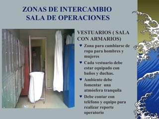 ZONAS DE INTERCAMBIO
SALA DE OPERACIONES
 VESTUARIOS ( SALA
CON ARMARIOS)
 Zona para cambiarse de
ropa para hombres y
mujeres
 Cada vestuario debe
estar equipado con
baños y duchas.
 Ambiente debe
fomentar una
atmósfera tranquila
 Debe contar con
teléfono y equipo para
realizar reporte
operatorio
 