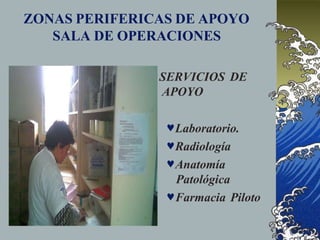 ZONAS PERIFERICAS DE APOYO
SALA DE OPERACIONES
SERVICIOS DE
APOYO
Laboratorio.
Radiología
Anatomía
Patológica
Farmacia Piloto
 