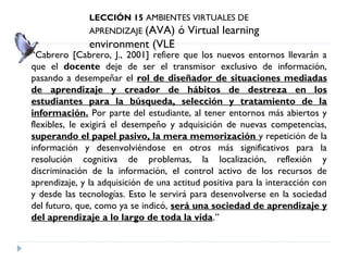 LECCIÓN 15 AMBIENTES VIRTUALES DE
APRENDIZAJE (AVA)


environment (VLE

ó Virtual learning

“Cabrero [Cabrero, J., 2001] refiere que los nuevos entornos llevarán a
que el docente deje de ser el transmisor exclusivo de información,
pasando a desempeñar el rol de diseñador de situaciones mediadas
de aprendizaje y creador de hábitos de destreza en los
estudiantes para la búsqueda, selección y tratamiento de la
información. Por parte del estudiante, al tener entornos más abiertos y
flexibles, le exigirá el desempeño y adquisición de nuevas competencias,
superando el papel pasivo, la mera memorización y repetición de la
información y desenvolviéndose en otros más significativos para la
resolución cognitiva de problemas, la localización, reflexión y
discriminación de la información, el control activo de los recursos de
aprendizaje, y la adquisición de una actitud positiva para la interacción con
y desde las tecnologías. Esto le servirá para desenvolverse en la sociedad
del futuro, que, como ya se indicó, será una sociedad de aprendizaje y
del aprendizaje a lo largo de toda la vida.”

 