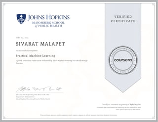 JUNE 04, 2015
SIVARAT MALAPET
Practical Machine Learning
a 4 week online non-credit course authorized by Johns Hopkins University and offered through
Coursera
has successfully completed
Jeff Leek, PhD; Roger Peng, PhD; Brian Caffo, PhD
Department of Biostatistics
Johns Hopkins Bloomberg School of Public Health
Verify at coursera.org/verify/CN9RFW57ZW
Coursera has confirmed the identity of this individual and
their participation in the course.
This certificate does not confer academic credit toward a degree or official status at the Johns Hopkins University.
 
