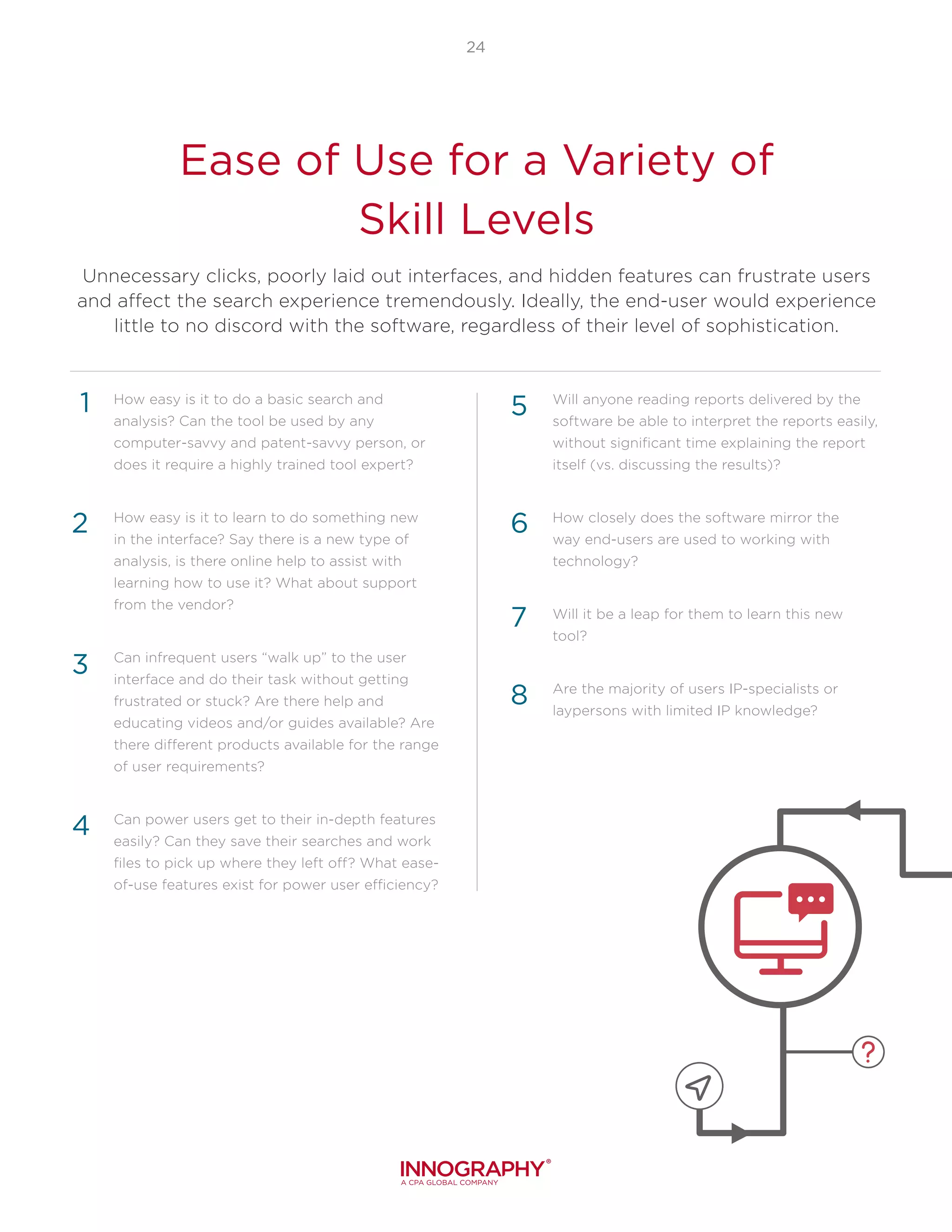 24
Ease of Use for a Variety of
Skill Levels
Unnecessary clicks, poorly laid out interfaces, and hidden features can frustrate users
and affect the search experience tremendously. Ideally, the end-user would experience
little to no discord with the software, regardless of their level of sophistication.
How easy is it to do a basic search and
analysis? Can the tool be used by any
computer-savvy and patent-savvy person, or
does it require a highly trained tool expert?
How easy is it to learn to do something new
in the interface? Say there is a new type of
analysis, is there online help to assist with
learning how to use it? What about support
from the vendor?
Can infrequent users “walk up” to the user
interface and do their task without getting
frustrated or stuck? Are there help and
educating videos and/or guides available? Are
there different products available for the range
of user requirements?
Can power users get to their in-depth features
easily? Can they save their searches and work
files to pick up where they left off? What ease-
of-use features exist for power user efficiency?
Will anyone reading reports delivered by the
software be able to interpret the reports easily,
without significant time explaining the report
itself (vs. discussing the results)?
How closely does the software mirror the
way end-users are used to working with
technology?
Will it be a leap for them to learn this new
tool?
Are the majority of users IP-specialists or
laypersons with limited IP knowledge?
4
1
2
3
5
6
7
8
 